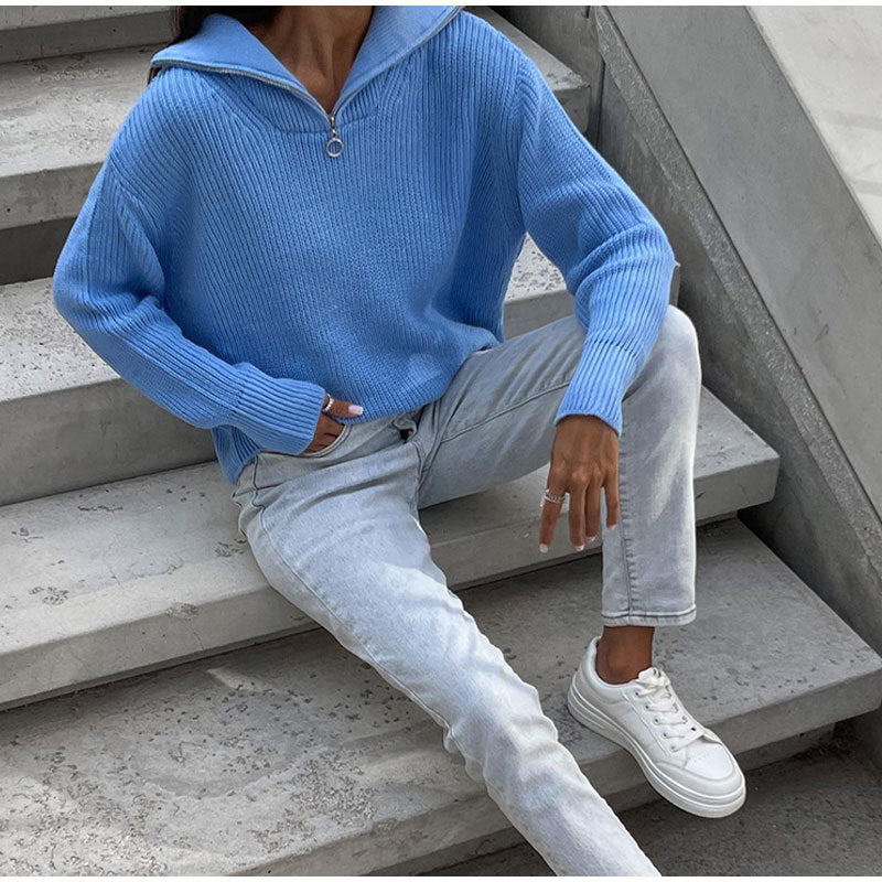 Women's Zipper Pullover Knitted Loose Casual Sweaters