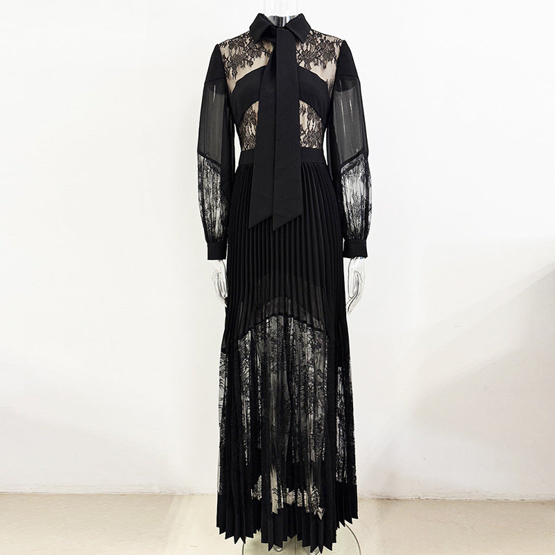 Fashionable Lace Stitching Pleated Long Floor Dress