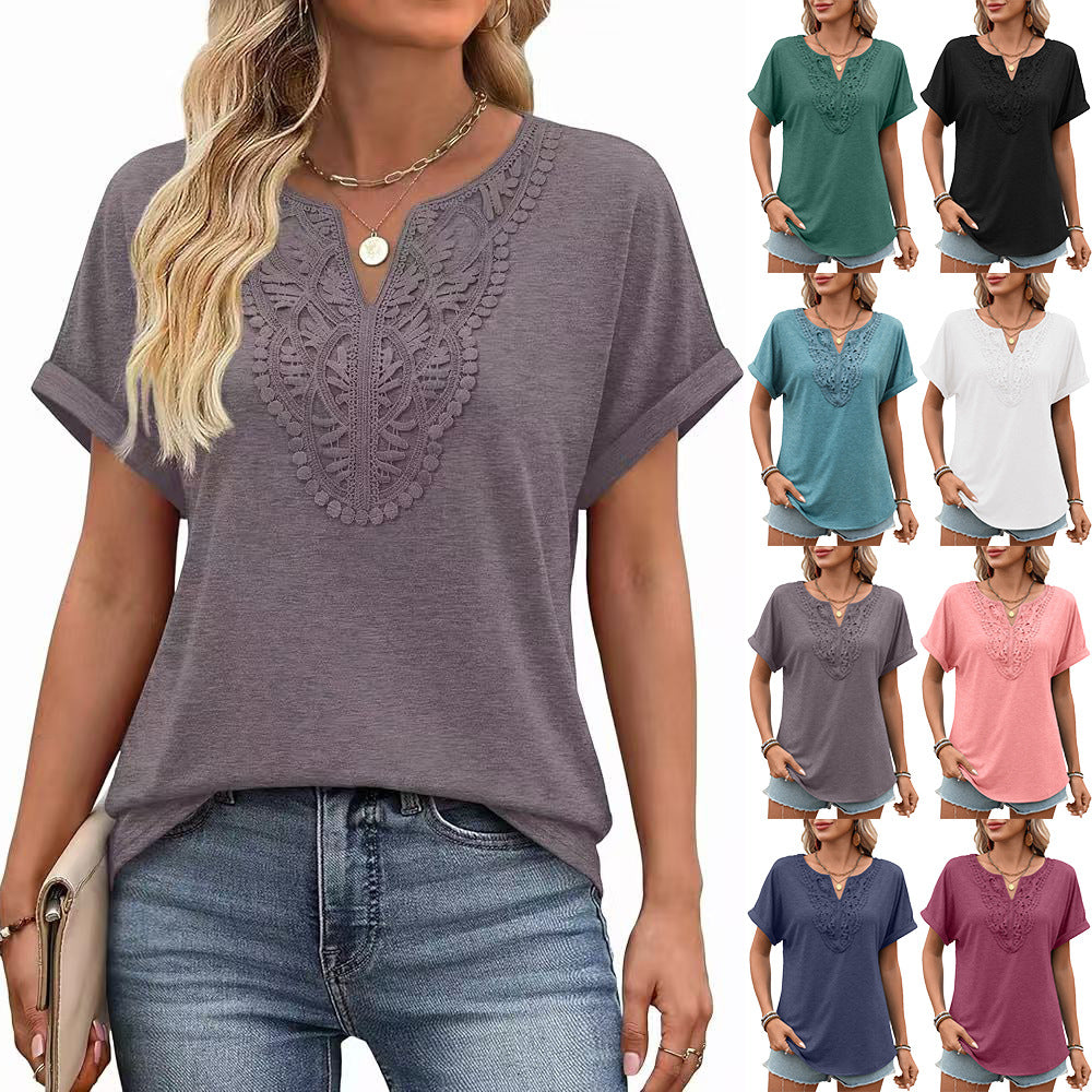 Women's Solid Color Lace Loose Sleeve Women's T-shirt