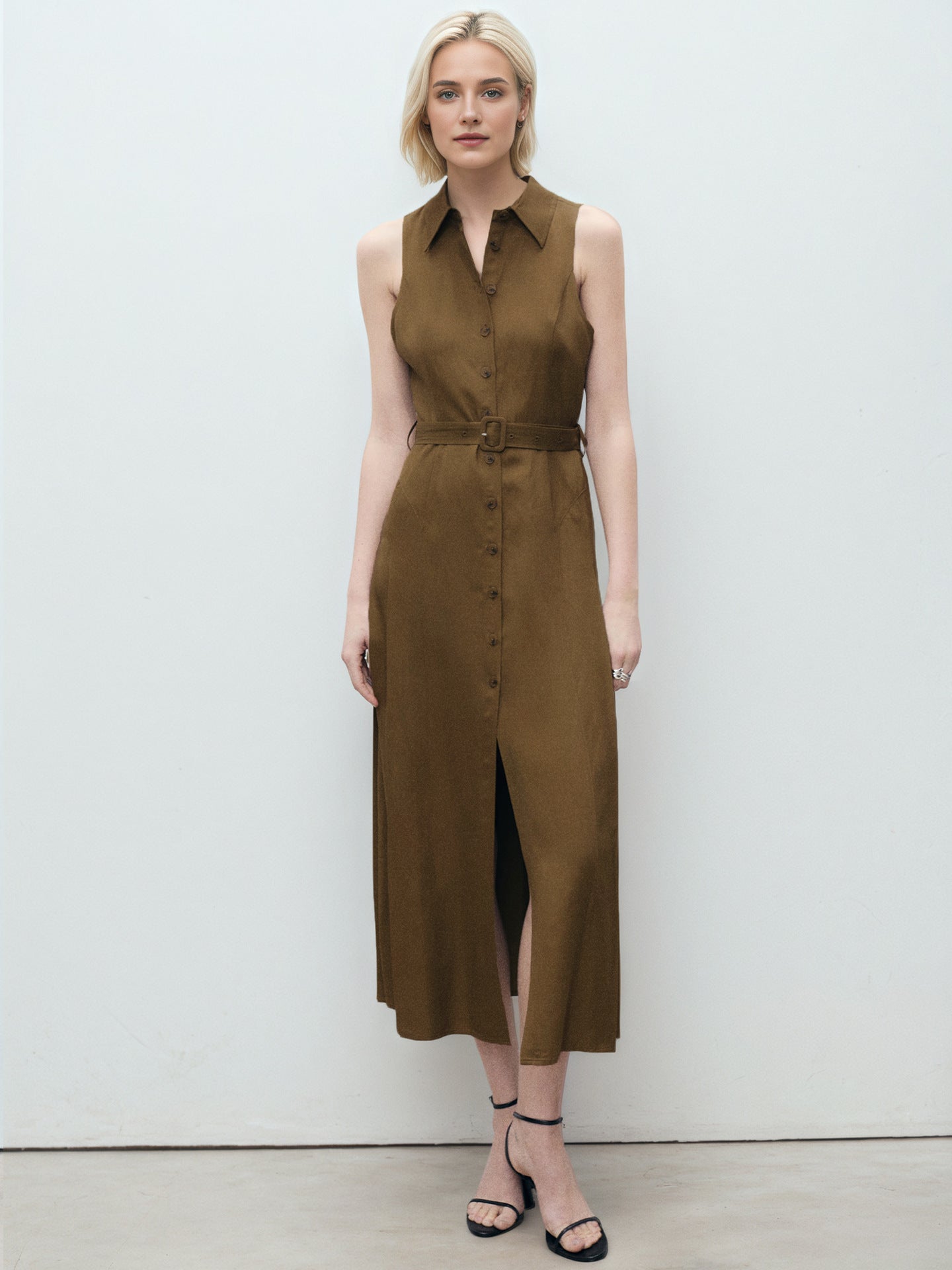 Sleeveless Solid Color Waist Tight Shirt Dresses