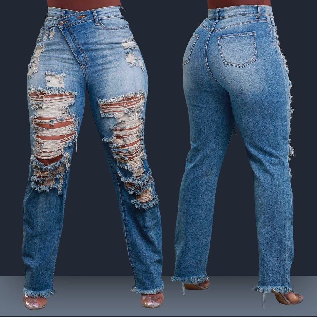 Women's Straight Personality Waist Elastic Cut Tasseled Women's Jeans