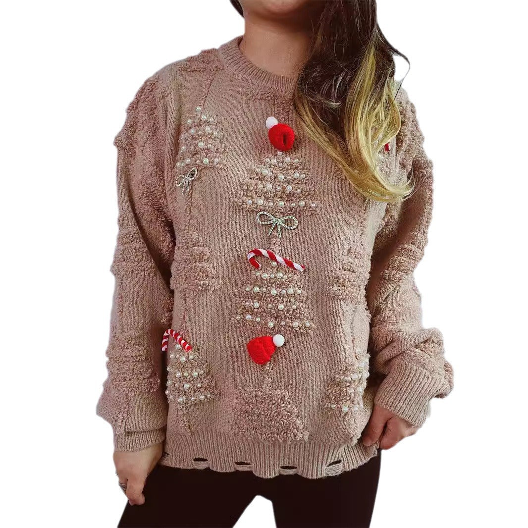 Source Solid Color Handmade Pearl Christmas Three-dimensional Sweaters