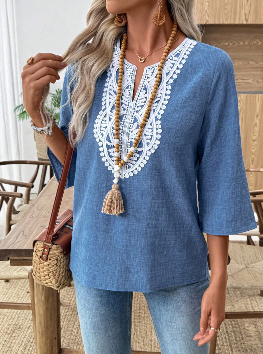 Women's Loose Solid Color Lace Stitching Sleeve Women's T-shirt