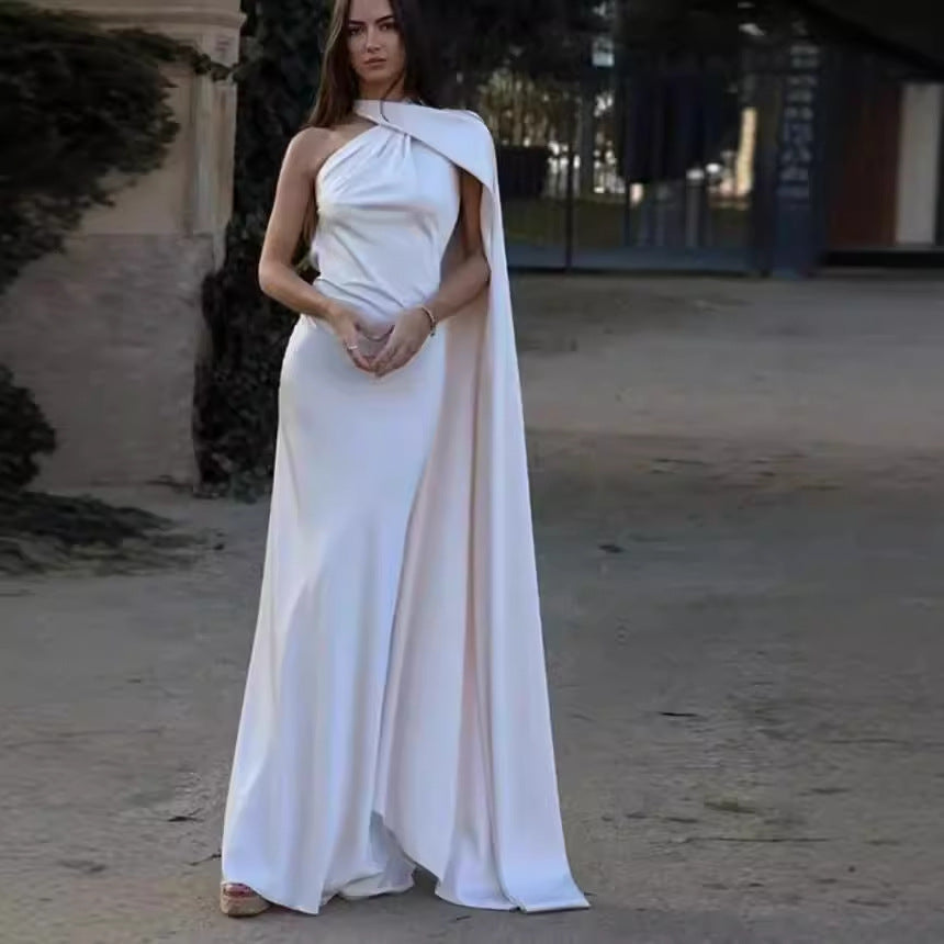 Women's Silk Satin Texture Ribbon Halter Dress Dresses