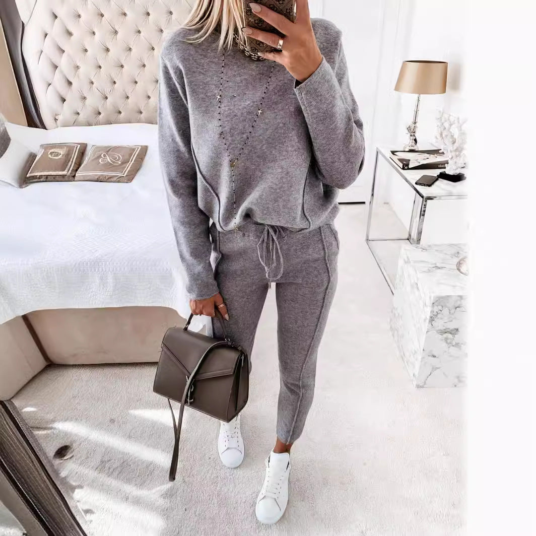 Women's Turtleneck Long Sleeve Pocket Trousers Two-piece Suits