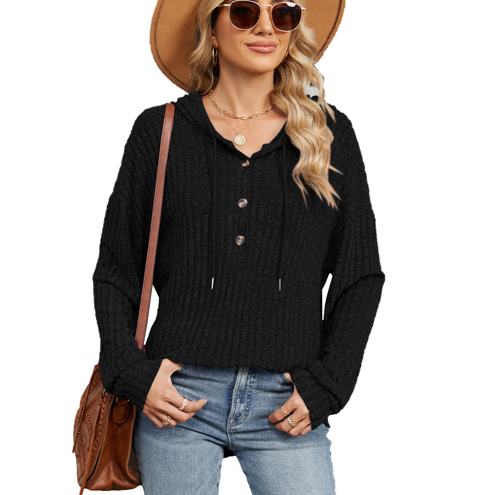 Women's Solid Color Hooded Button Loose Long Women's Sweater, Sweater