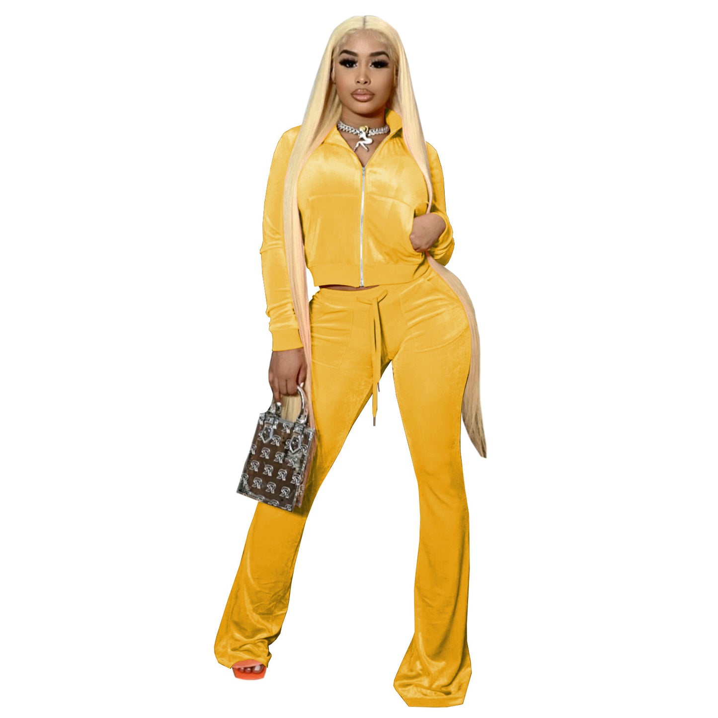 Women's Fashion Veet Solid Color Long Sleeve Bell-bottom Suits