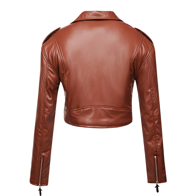 Women's Leather Long-sleeved Lapel Oblique Zipper Motorcycle Jackets