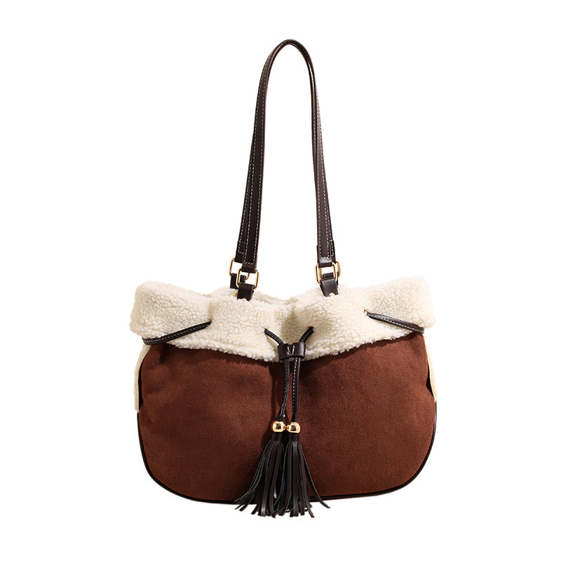 Women's Plush Large Capacity Korean Fashion Lamb Wool Retro Tote Bags