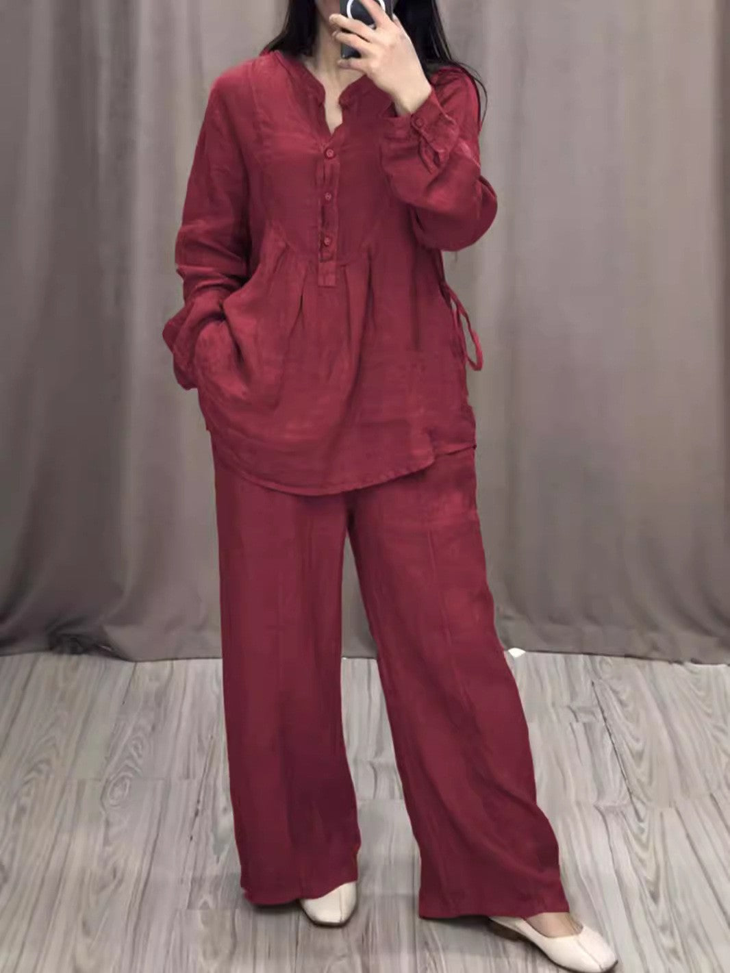Autumn Comfortable Cotton Linen Long Sleeve Half Pleating Fashion Casual Suit