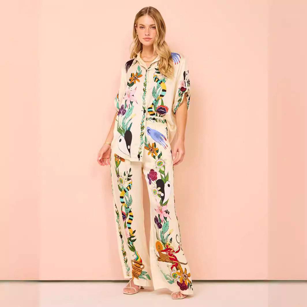 Satin Printed Temperament Short-sleeved Shirt Trousers Suits