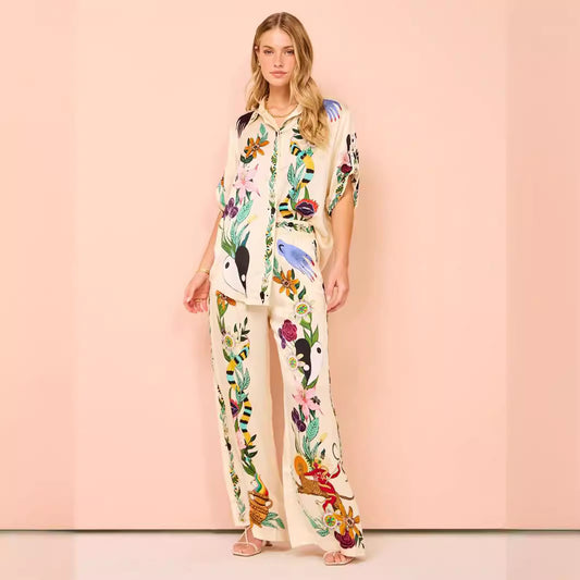 Satin Printed Temperament Short-sleeved Shirt Trousers Suits