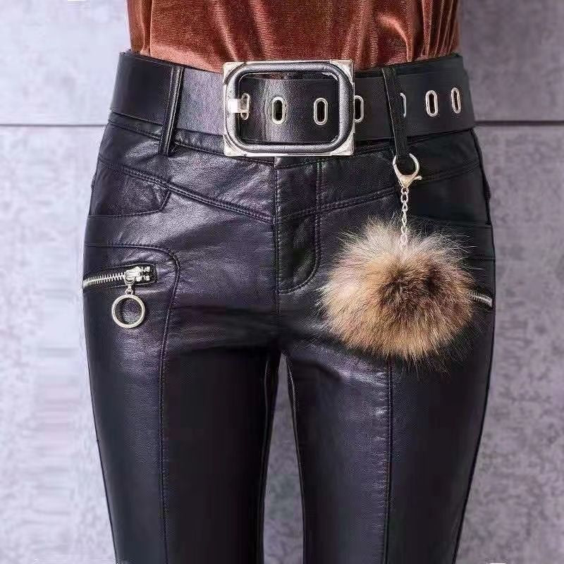 Women's Leather Outer Perforating Fleece-lined Thickened Elastic Pants