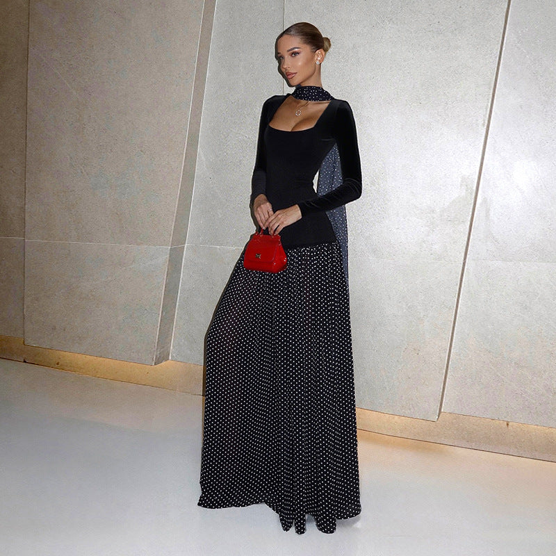 Collar Long Sleeve Stitching Polka Dot A- Line Dresses