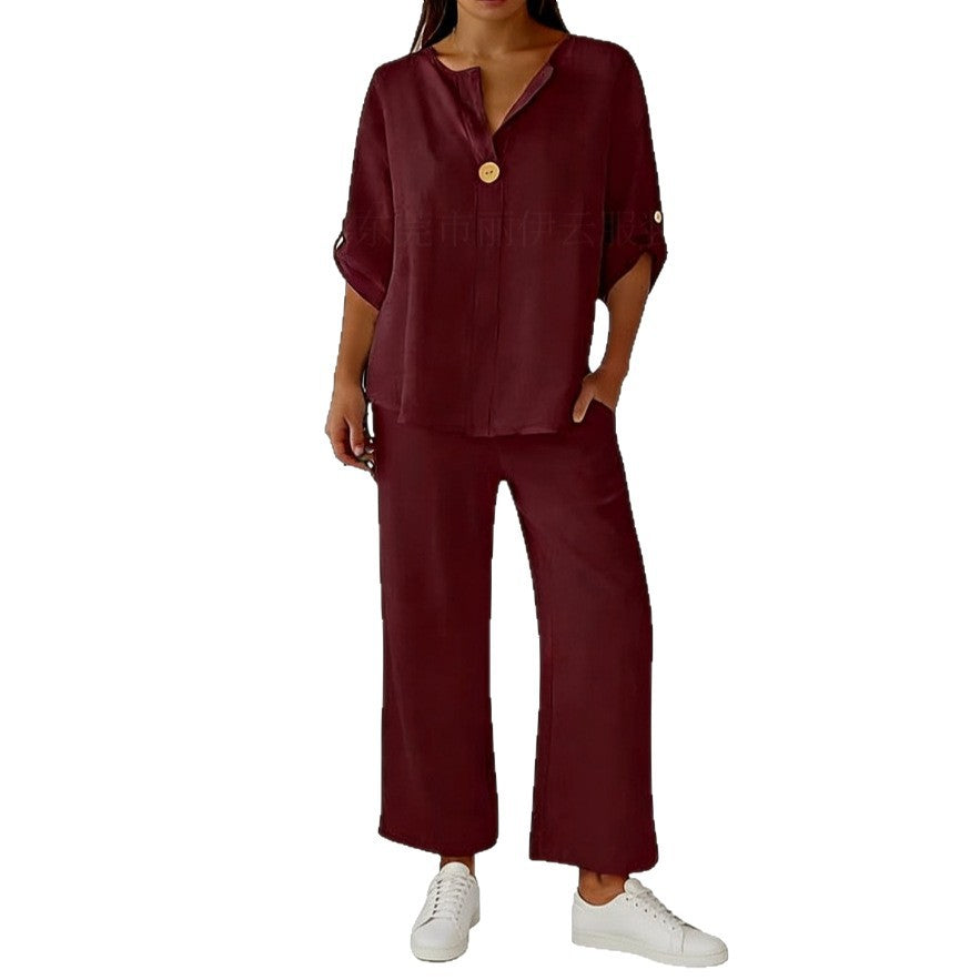Women's Two-piece Simple Solid Color Sleeve Trousers Fashion Casual Suit