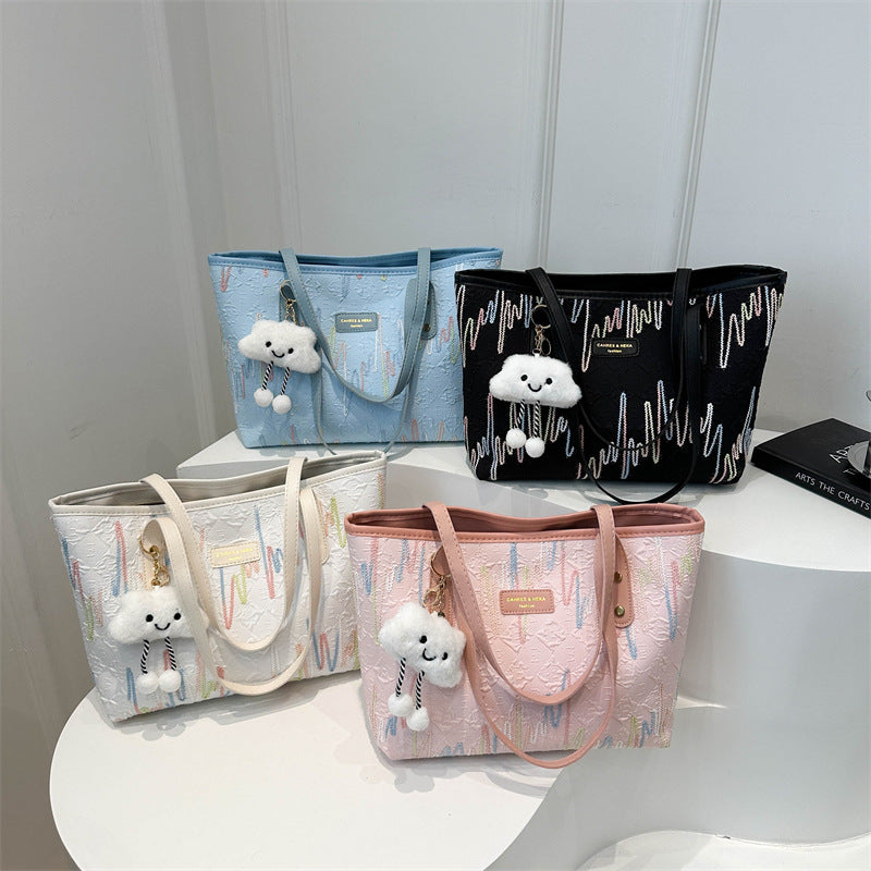 Women's Fashion Pure Color Trendy Embroidery Thread Leisure Commute Tote Bags