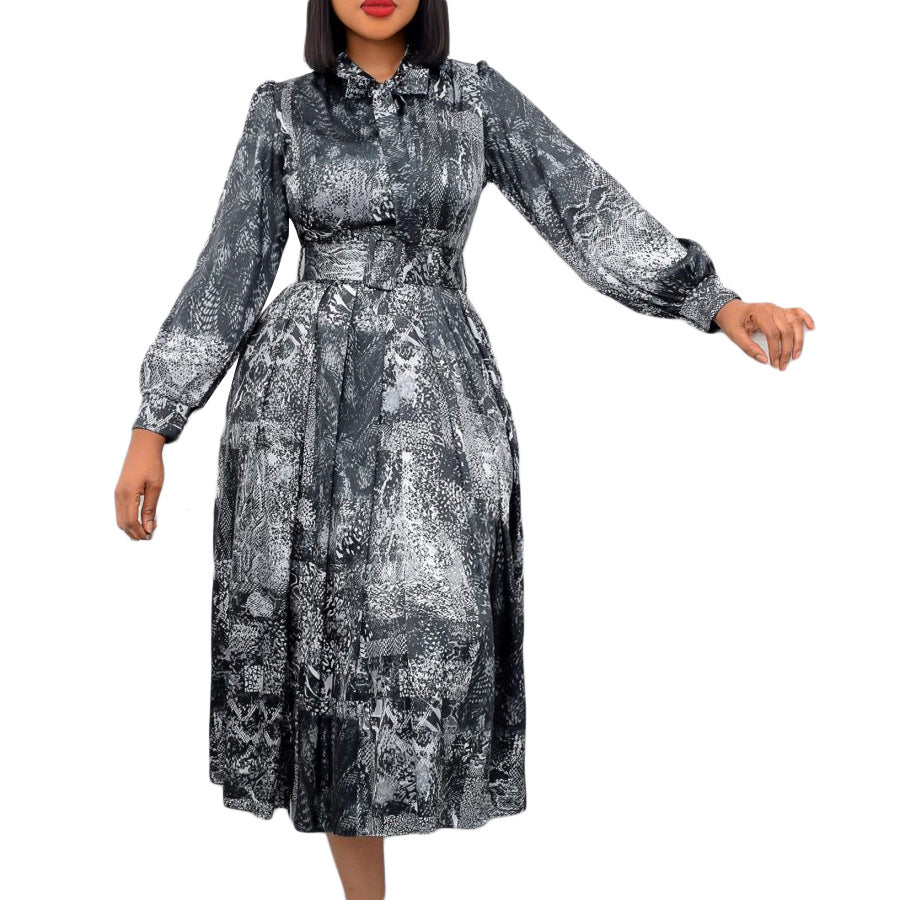 Long Sleeve High Waist Print Banquet Dress