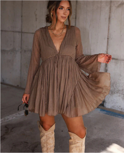 Women's Casual Round Neck Long Sleeve Stretch Dresses