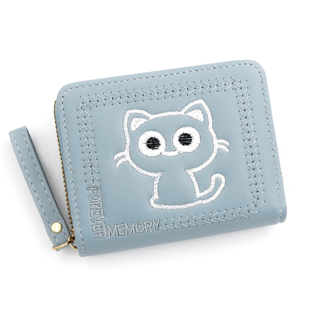 Women's Embroidered Kitty Short Multiple Slots Zipper Ladies Wallets