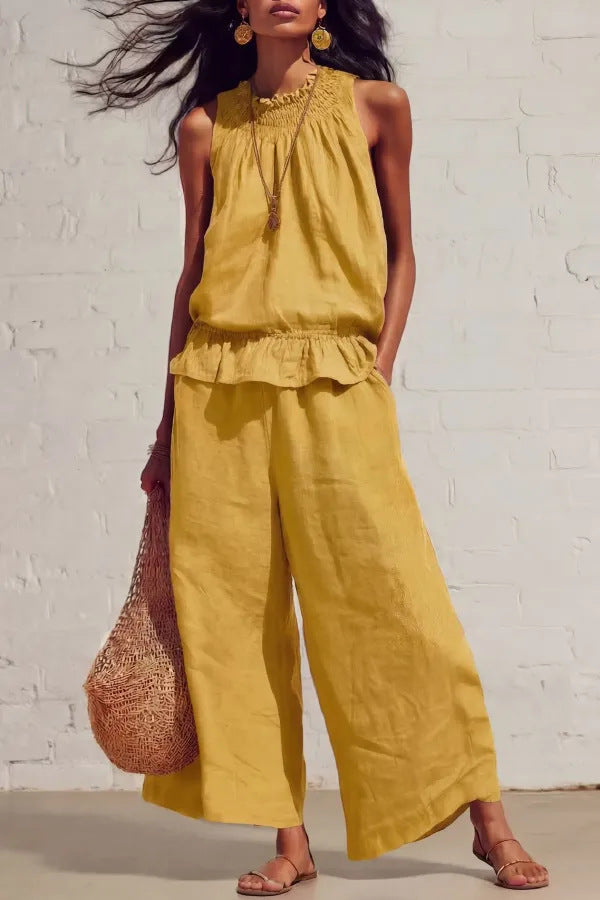 Sleeveless Cool Elastic Waist Design Wide Tops