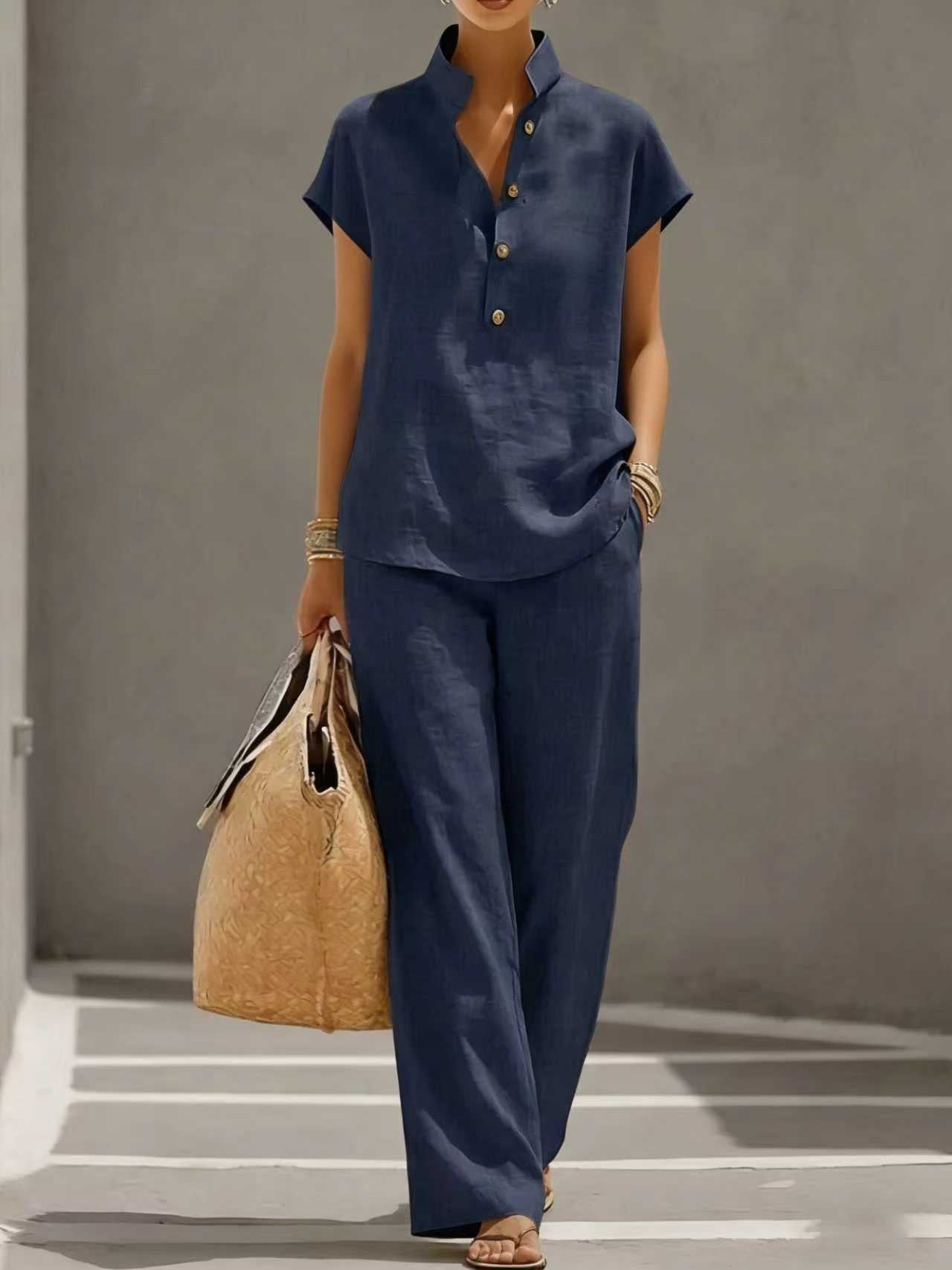 Women's Two-piece Summer Solid Color Sleeve Shirt Trousers Shorts