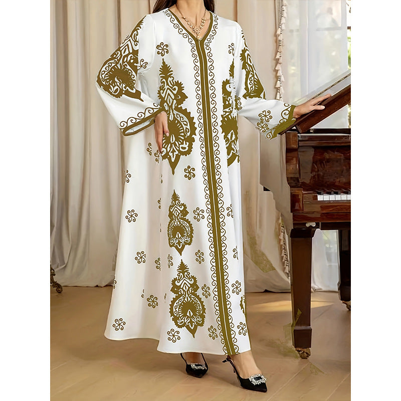 Printed Long Lantern Sleeve Casual Lace Beach Dress