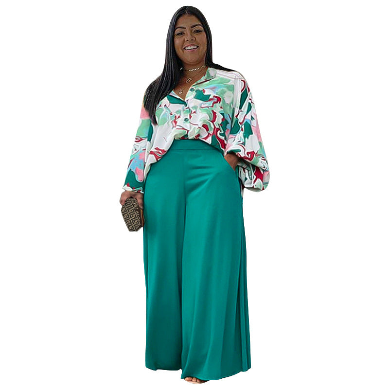 Women's Loose Large Casual Printed Shirt Wide Pants