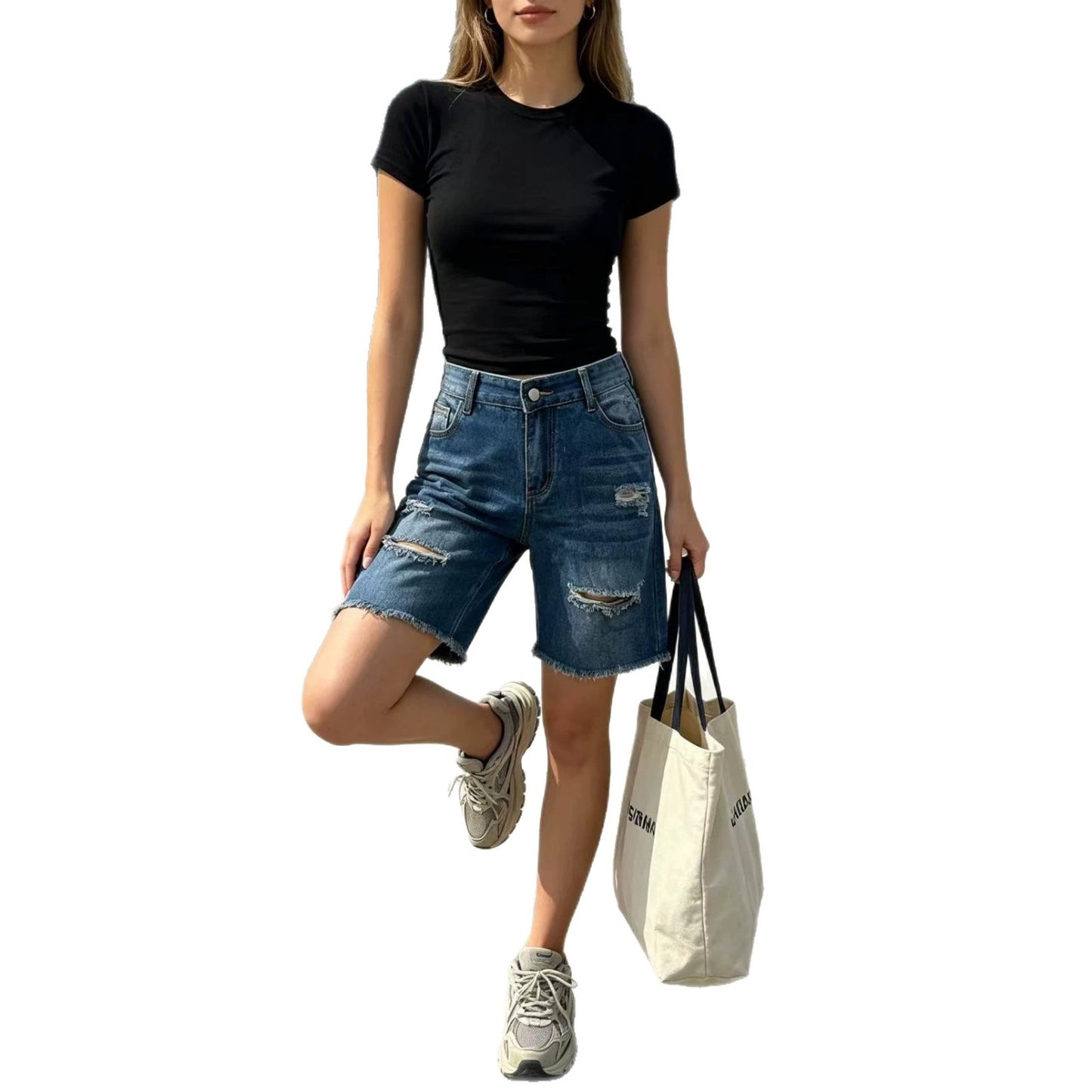 Women's Washed Frayed Cropped Denim Pleated Women's Jeans
