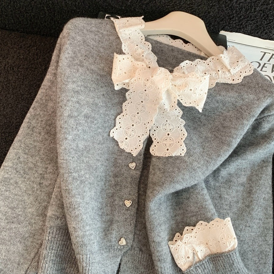 Korean Style Lace Bow Single-breasted Soft Glutinous Sweaters
