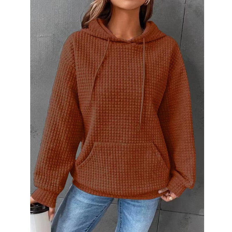 Women's Waffle Round Neck Long-sleeved Solid Color Tops