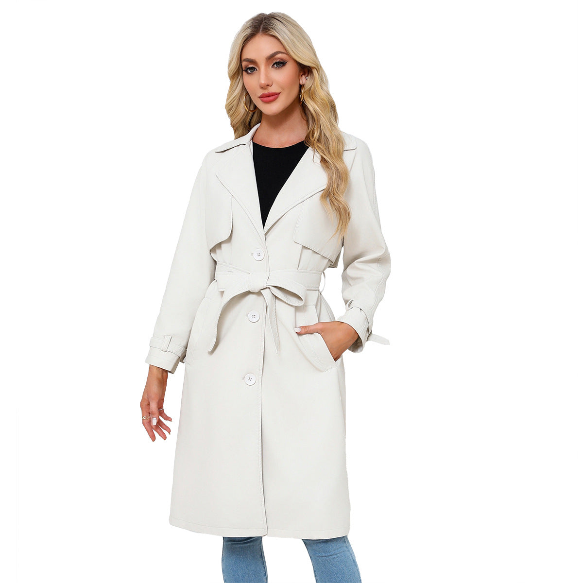 Women's Trench Long Loose Leather Classic Turn-down Jackets