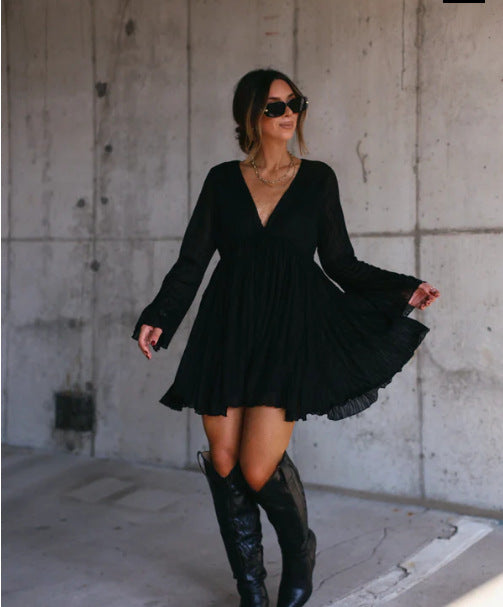 Women's Casual Round Neck Long Sleeve Stretch Dresses