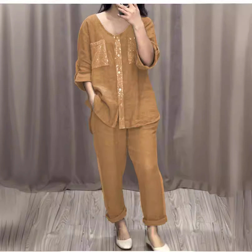 Women's Casual Set Pocket Placket Gilding Ladies Suits