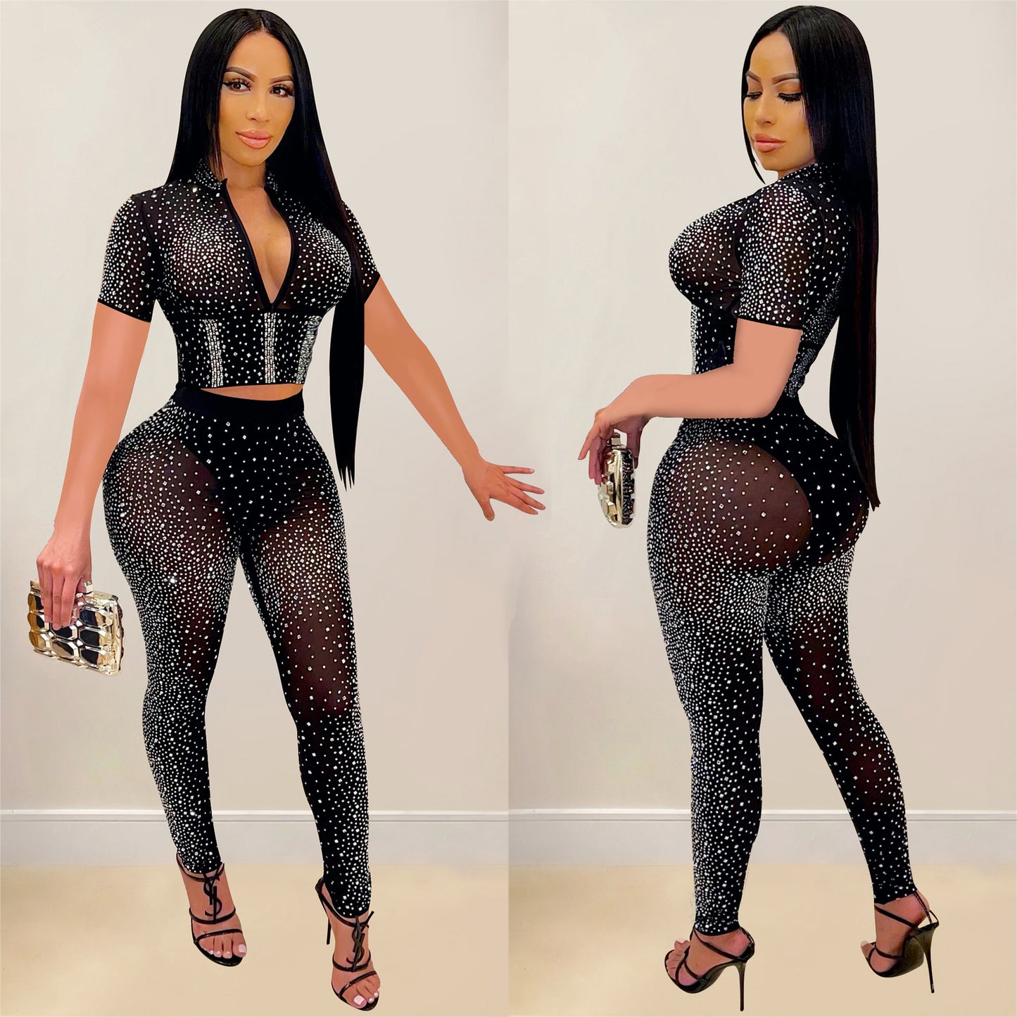 Women's Pure Color Mesh Rhinestone Sleeve Trousers Suits