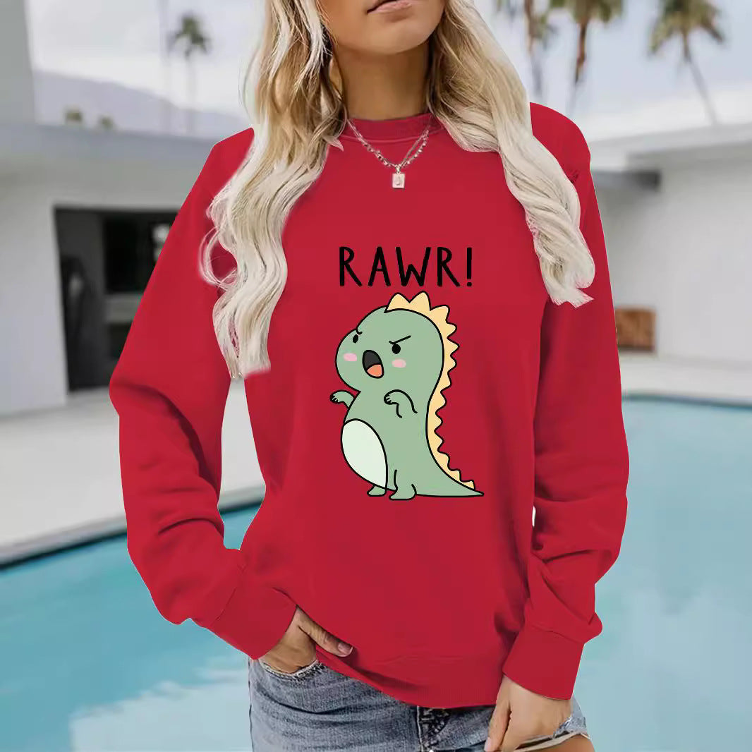 Women's Sleeve Round Neck Cartoon Dinosaur Print Sweaters