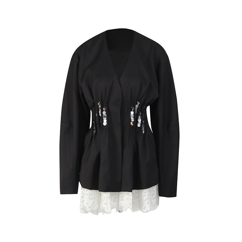 Pleated Long Sleeve Solid Color Hem Blazers