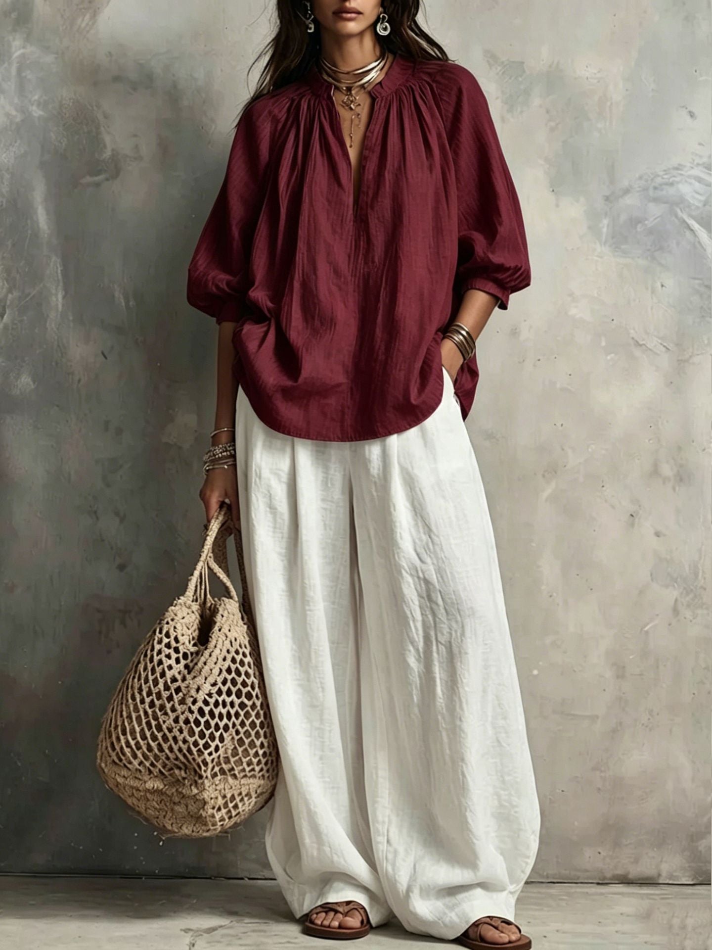Summer Cotton Linen Puff Sleeve Shirt Wide Fashion Casual Suit