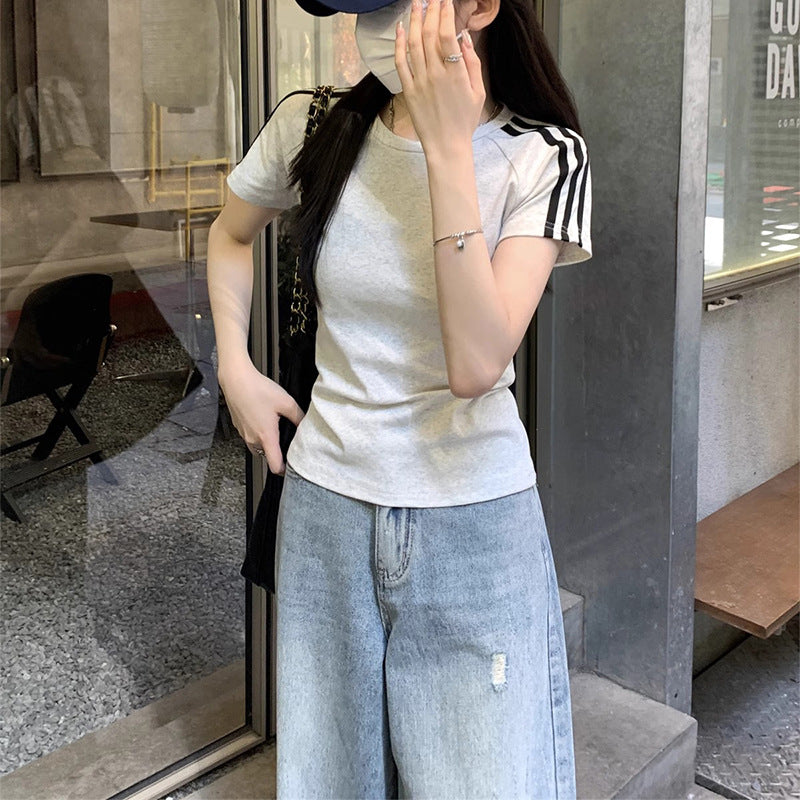 Women's Striped Shoulder Short-sleeved Small Slimming Bottoming Tops