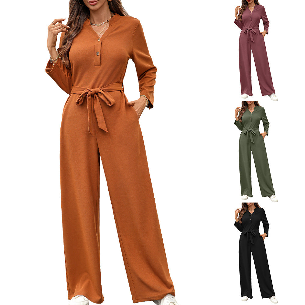 Solid Color High Waist Button Long Sleeve Women's Jumpsuit/clothing