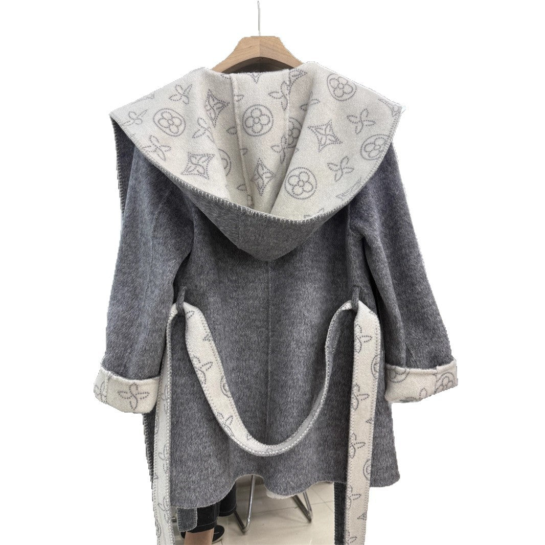 Women's Mid-length Jacquard Double-sided Wool Overcoat Hooded Coats