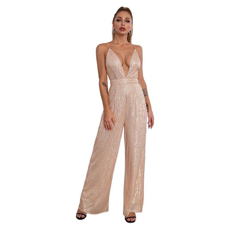 Women's Sequined Sleeveless Hot Deep Backless Sling Jumpsuits