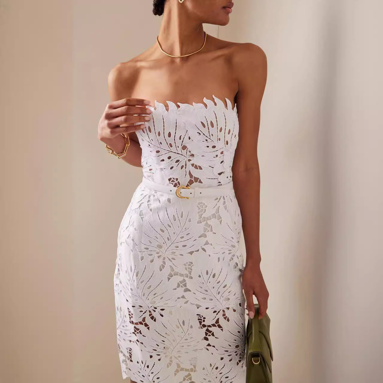 Tube Maple Leaf Lace Belt Slim Fit Bandage Dresses
