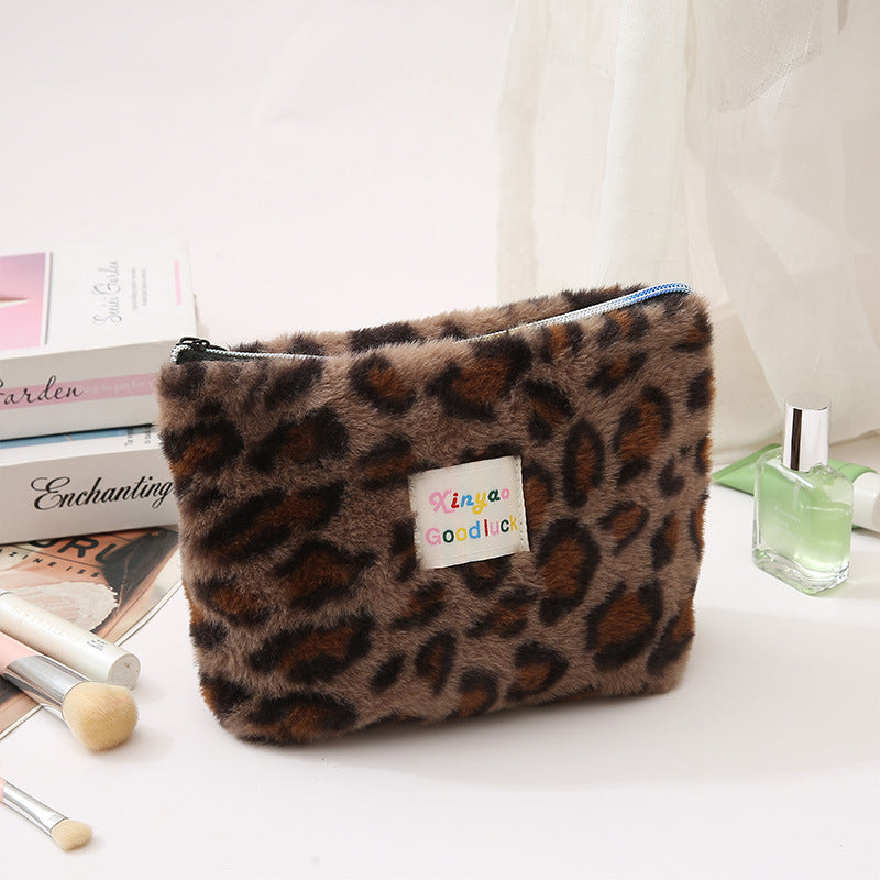 Plush Large Capacity Storage Leopard Print Hand-held Make-up Cosmetic Bags