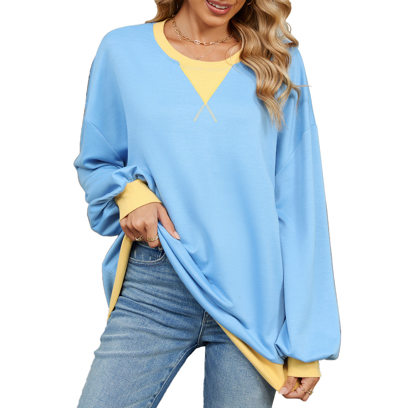 Women's Contrast Color Round Neck Loose Long Women's Sweater, Sweater