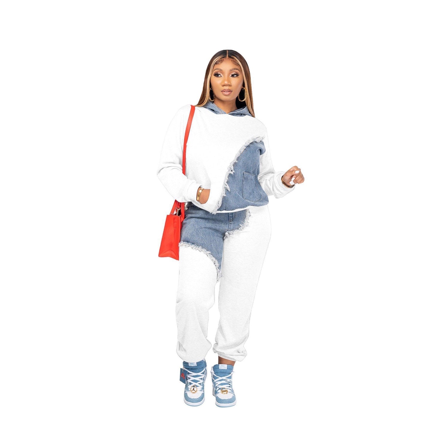 Women's Sports Fashion Casual Denim Stitching Hooded Suits