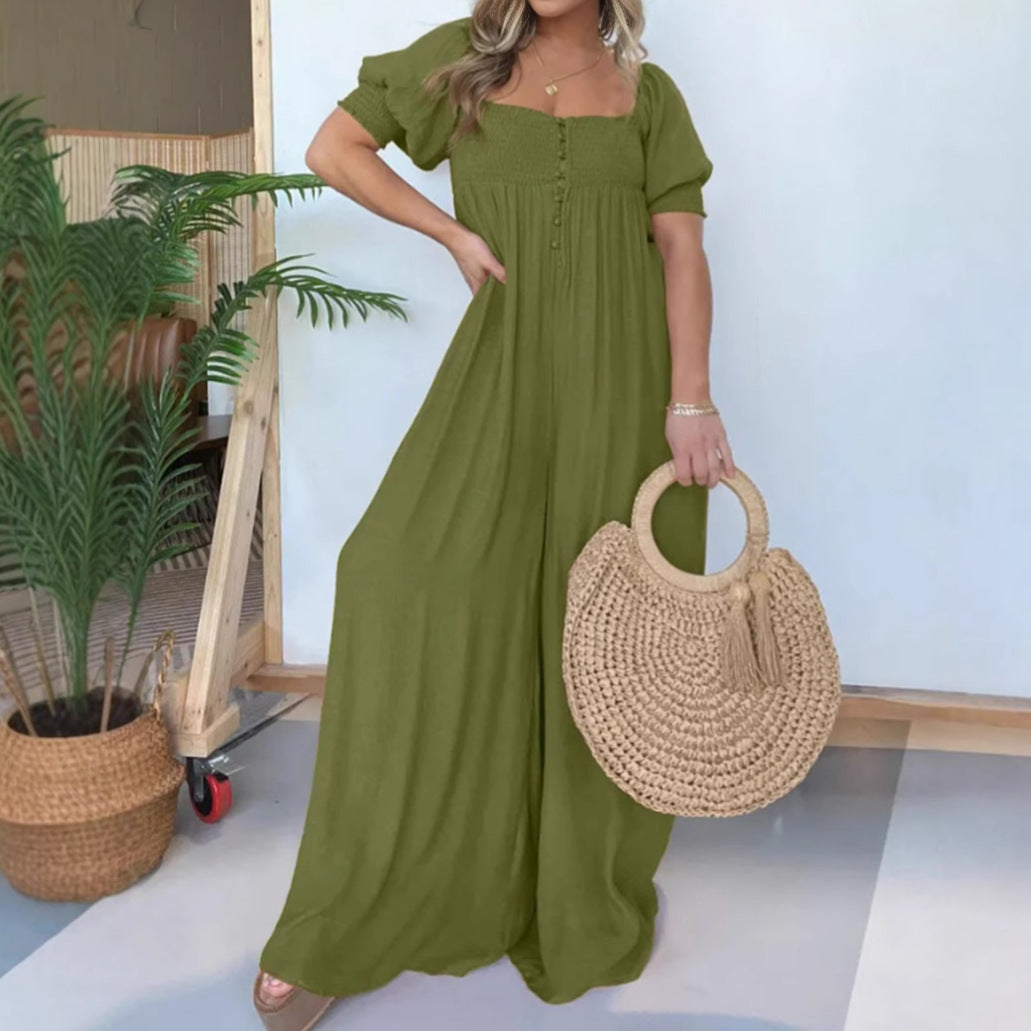 Pure Color Puff Sleeve Pleated Siamese Skirts