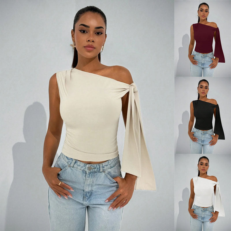 Women's Summer Fashion Street Shooting Ribbon Knot Oblique Tie Solid Color Women's T-shirt