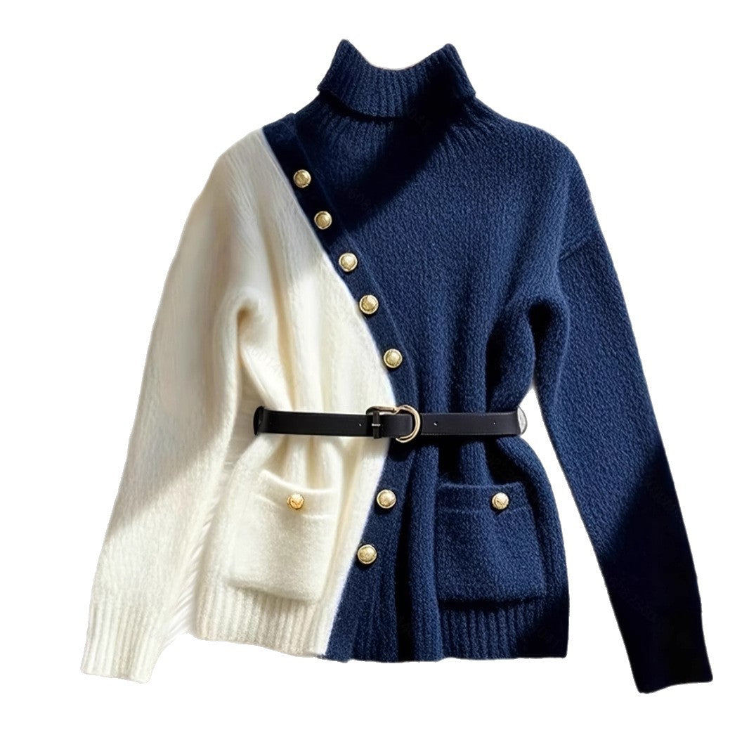 Women's Diagonal Button Design Sense Contrast Color Long Sleeves Sweaters