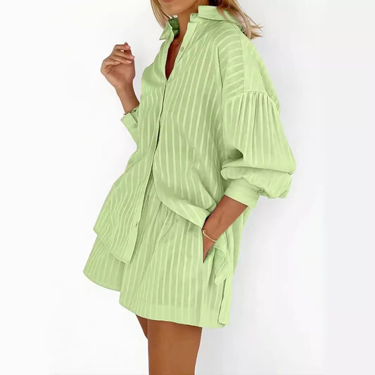 Women's Shirt Jacquard Striped Puff Sleeve Commuter Suits