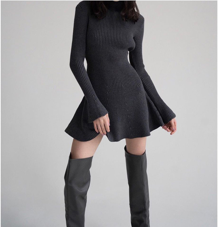 Women's Long Sleeve Waist Trimming Solid Color Dresses